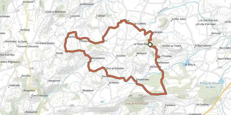 Carte du tracé de Circuit VTT 41 - Le Vieux- Bourg Bleu sur le Plan IGN, départ et points de passage numérotés