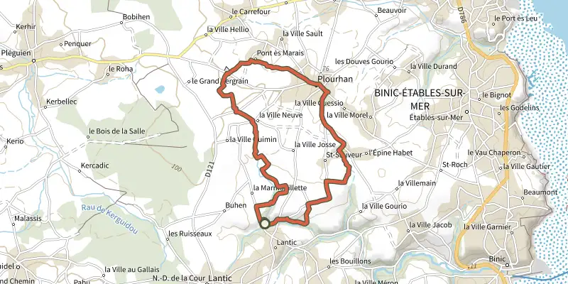 Map of the Plourhan - Boucle Rouge track on OpenTopoMap, with the start and numbered waypoints