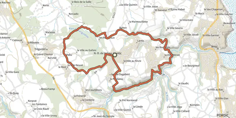 Map of the Circuit du grand Lantic track on OpenTopoMap, with the start and numbered waypoints
