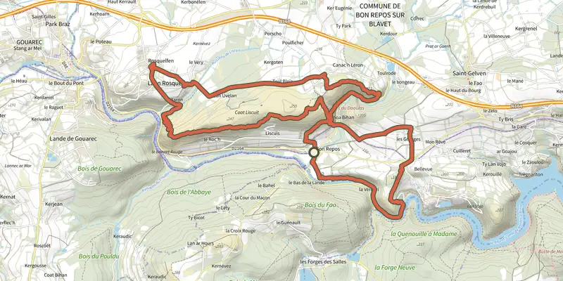 Carte du tracé de Boucle du Liscuis à l'Abbaye sur le Plan IGN, départ et points de passage numérotés