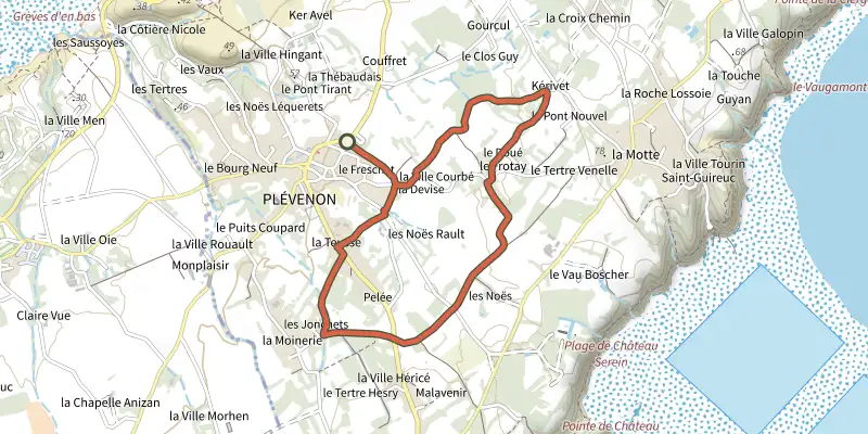 Carte du tracé de Chemins de Campagne sur le Plan IGN, départ et points de passage numérotés