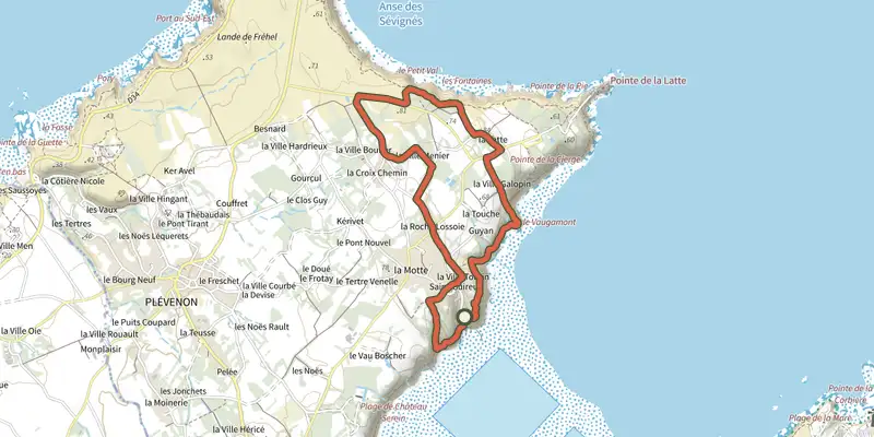 Map of the Versant Est de la presqu'île track on the IGN map, with the start and numbered waypoints