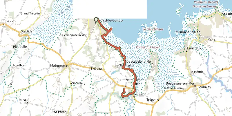 Carte du tracé de Circuit Trail n°1 - De Notre-Dame à Saint-Cast sur le Plan IGN, départ et points de passage numérotés