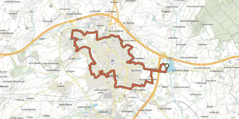 Carte du tracé de Loudérando sur le Plan IGN, départ et points de passage numérotés