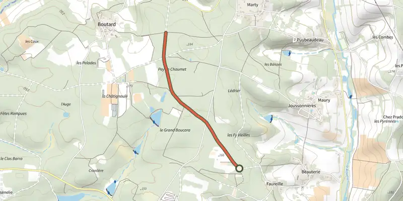 Map of the Variante Boucle de la lande track on the IGN map, with the start and numbered waypoints