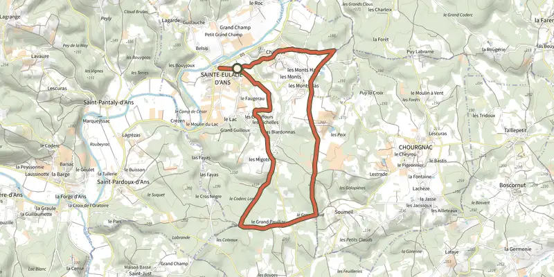 Map of the Boucle de Ste Eulalie track on the IGN map, with the start and numbered waypoints