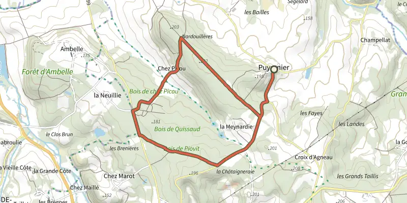 Carte du tracé de Boucle de Puyrenier sur le Plan IGN, départ et points de passage numérotés