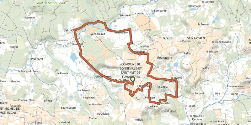 Map of the Boucle des Fontaines track on the IGN map, with the start and numbered waypoints