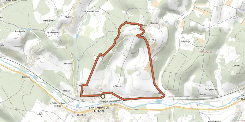 Carte du tracé de Boucle du Lavoir sur le Plan IGN, départ et points de passage numérotés