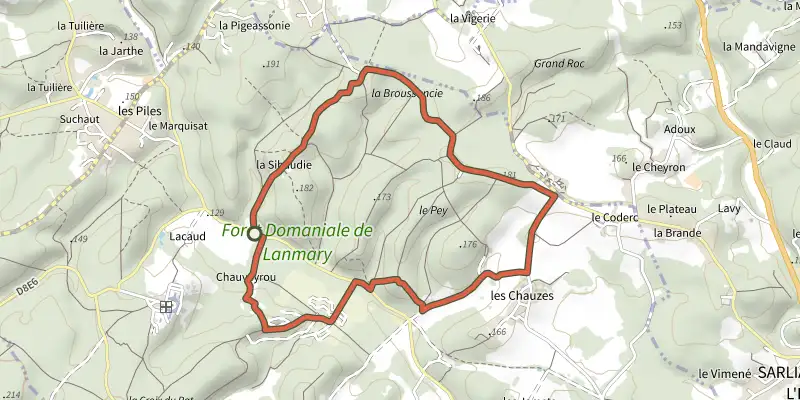 Map of the Boucle de la Sibaudie track on the IGN map, with the start and numbered waypoints