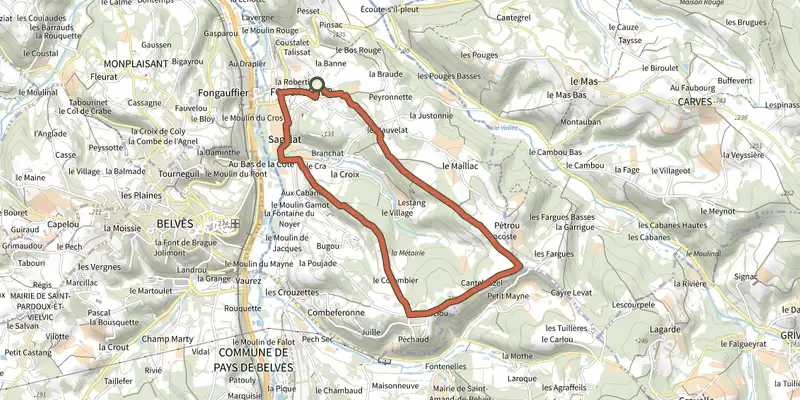 Carte du tracé de Boucle de Cantelauzel sur le Plan IGN, départ et points de passage numérotés