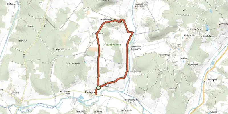 Carte du tracé de Boucle du Bois de Jalineau sur le Plan IGN, départ et points de passage numérotés