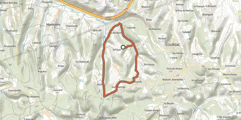 Carte du tracé de Route des Bordes d'Antan sur le Plan IGN, départ et points de passage numérotés