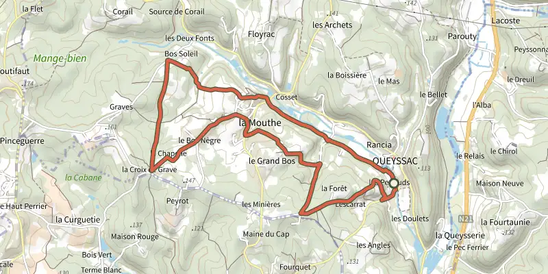 Map of the Boucle des hameaux track on the IGN map, with the start and numbered waypoints
