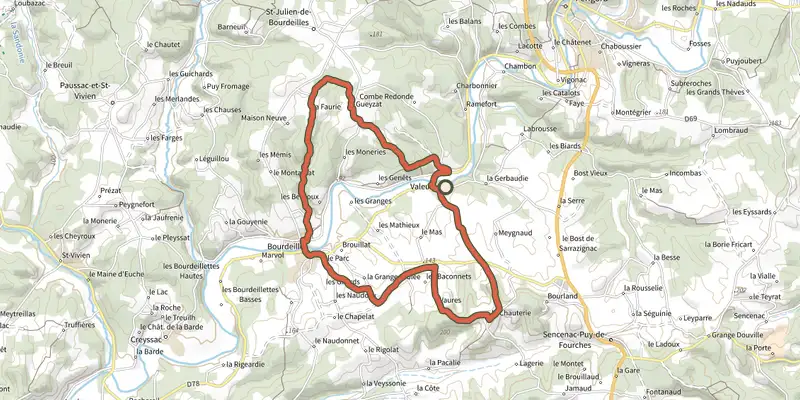 Carte du tracé de Boucle de Bourdeilles sur le Plan IGN, départ et points de passage numérotés