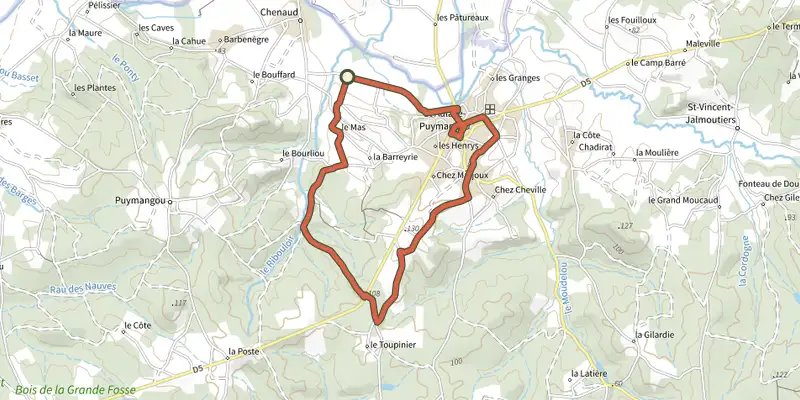 Map of the Boucle de la Dronne track on the IGN map, with the start and numbered waypoints