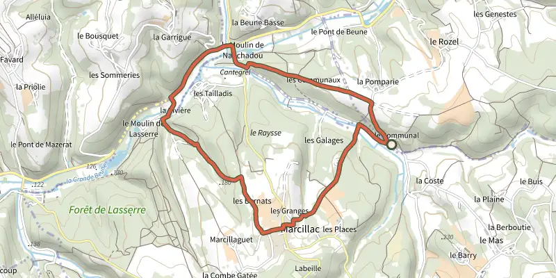 Map of the Boucle de Marcillac track on the IGN map, with the start and numbered waypoints