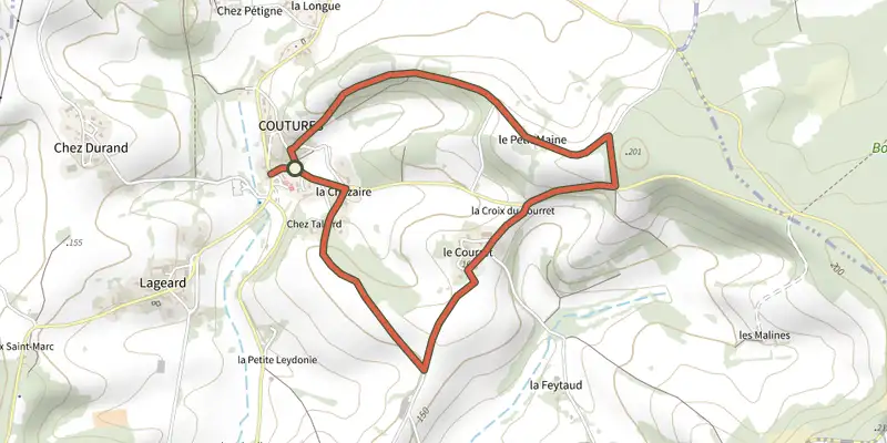 Map of the Boucle de Coutures track on the IGN map, with the start and numbered waypoints