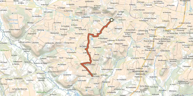 Map of the Variante boucle de pomport track on the IGN map, with the start and numbered waypoints