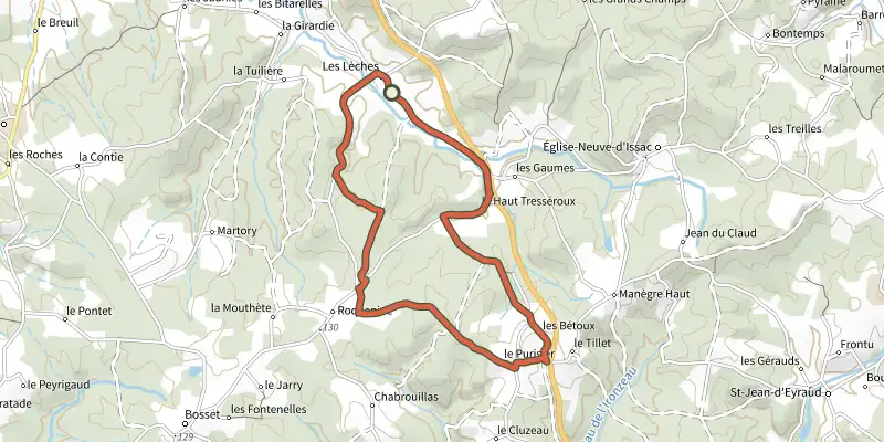 Carte du tracé de Boucle des Fontaines sur le Plan IGN, départ et points de passage numérotés