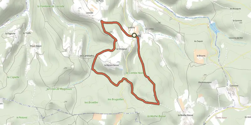 Carte du tracé de Boucle d'Orliac sur le Plan IGN, départ et points de passage numérotés