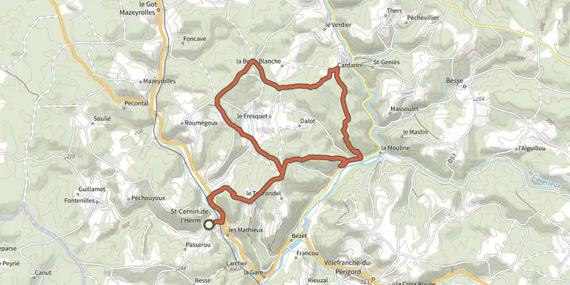 Carte du tracé de Boucle du Gros Châtaignier sur le Plan IGN, départ et points de passage numérotés
