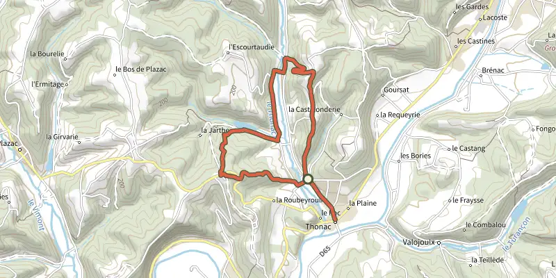 Carte du tracé de Boucle des Etangs de Fon Gran sur le Plan IGN, départ et points de passage numérotés