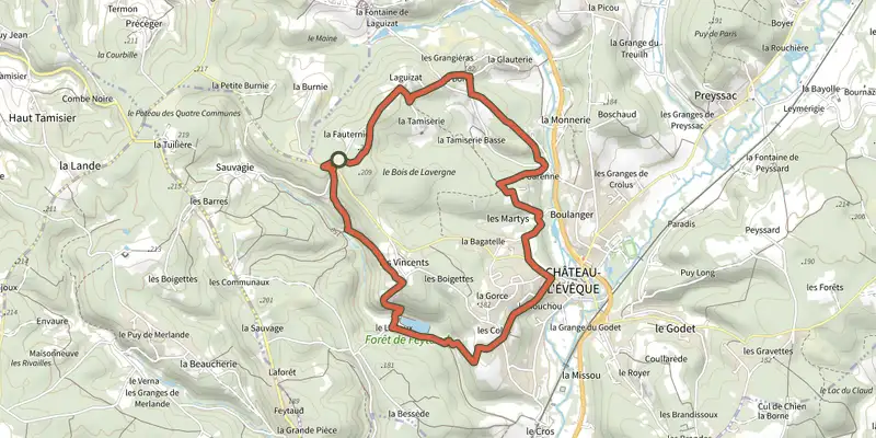 Map of the Boucle du Ladoux track on the IGN map, with the start and numbered waypoints