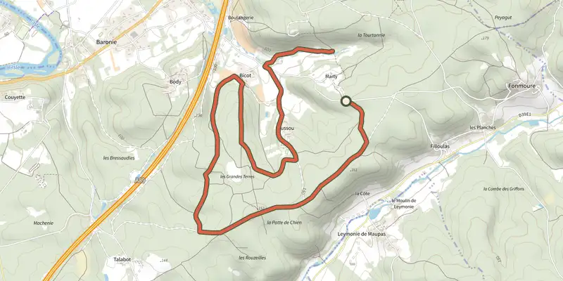 Carte du tracé de Boucle patte de chien sur le Plan IGN, départ et points de passage numérotés
