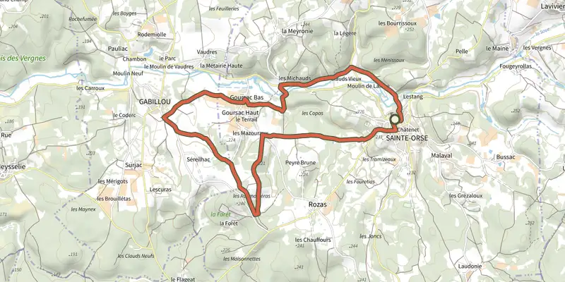 Map of the Boucle de Gabillou track on the IGN map, with the start and numbered waypoints