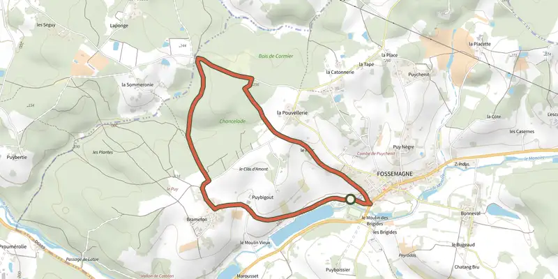 Carte du tracé de Boucle autour de Fossemagne sur le Plan IGN, départ et points de passage numérotés