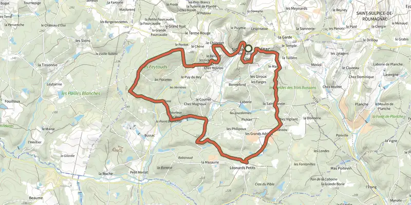 Map of the Boucle de Siorac-de-Ribérac track on the IGN map, with the start and numbered waypoints