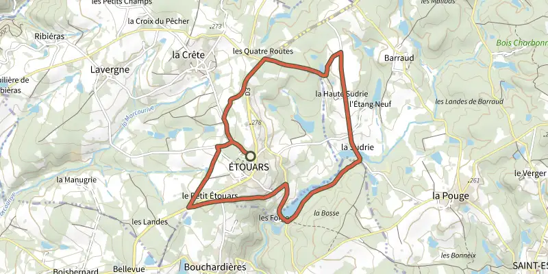 Map of the Boucle d'Etouars track on the IGN map, with the start and numbered waypoints