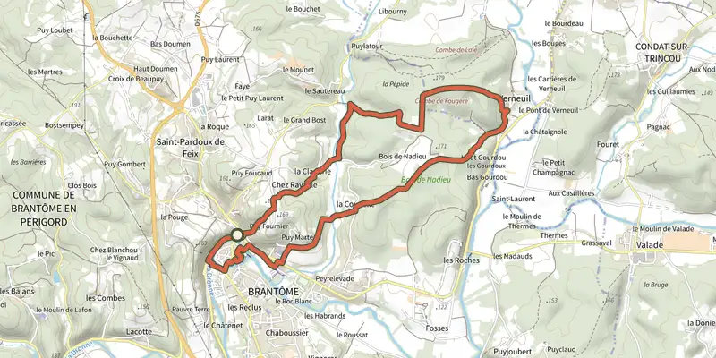 Carte du tracé de Boucle des Puys sur le Plan IGN, départ et points de passage numérotés