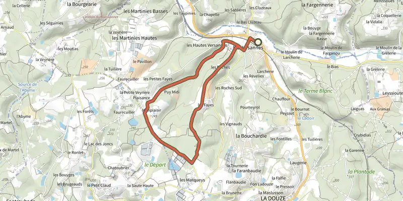 Carte du tracé de Boucle des Versannes sur le Plan IGN, départ et points de passage numérotés