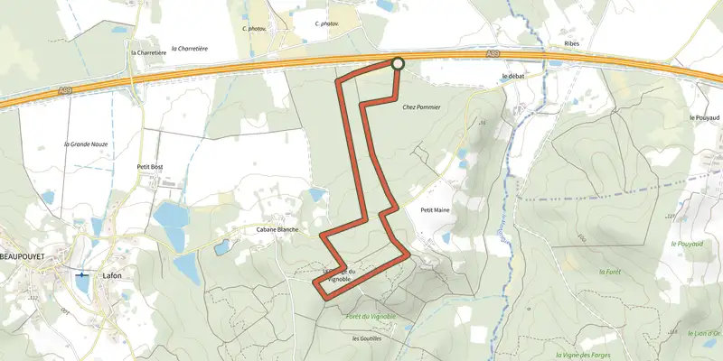 Map of the Boucle de la Foret track on the IGN map, with the start and numbered waypoints