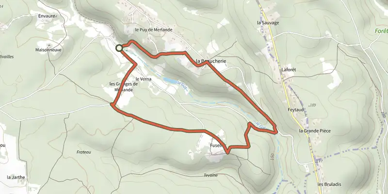 Carte du tracé de Petite boucle de Merlande sur le Plan IGN, départ et points de passage numérotés