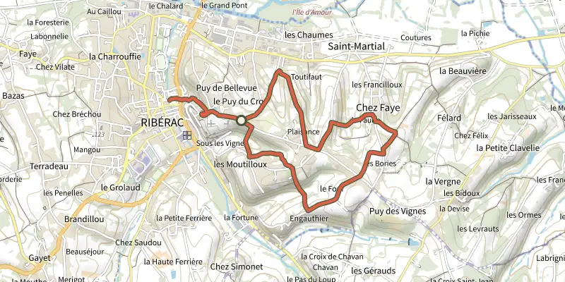 Map of the Boucle du Puy du Cros track on the IGN map, with the start and numbered waypoints