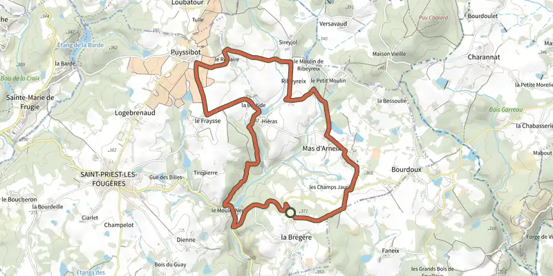 Carte du tracé de Boucle du Piemont St Priestois sur le Plan IGN, départ et points de passage numérotés