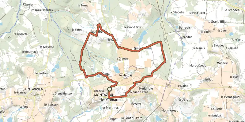Map of the Boucle de Montazeau track on the IGN map, with the start and numbered waypoints
