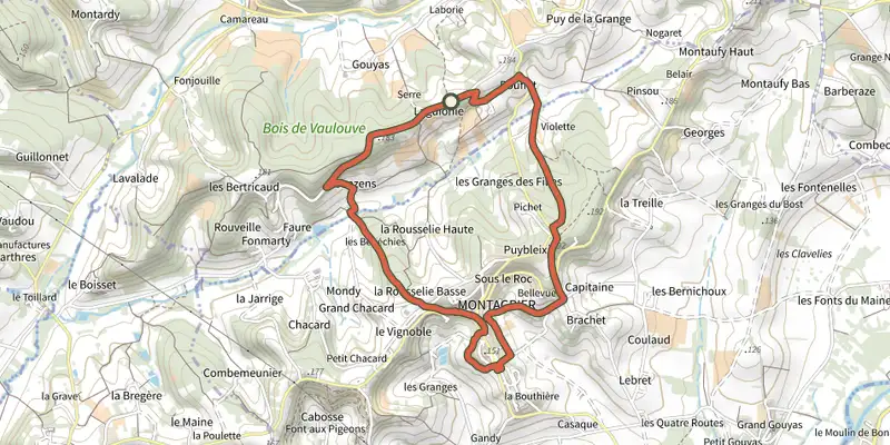Carte du tracé de Boucle de Montagrier sur le Plan IGN, départ et points de passage numérotés