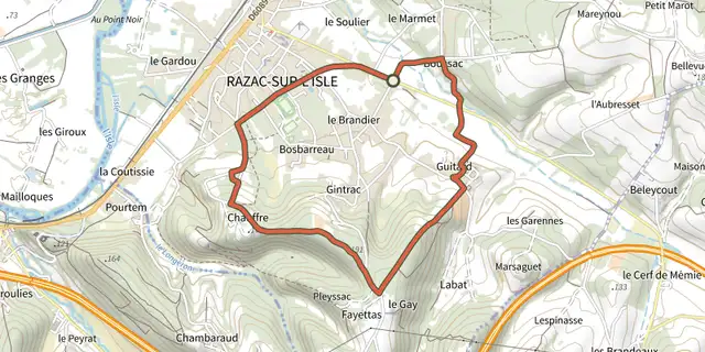 The Boucle les Hauts de Razac track on the IGN map
