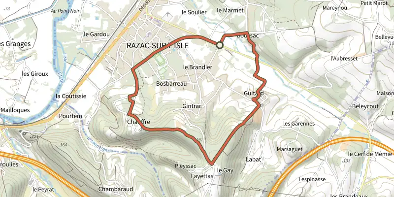 Map of the Boucle les Hauts de Razac track on the IGN map, with the start and numbered waypoints