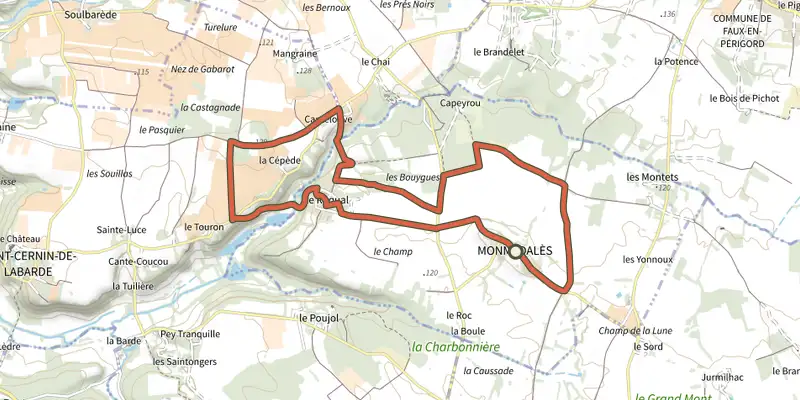 Map of the Boucle de Monmadalès track on the IGN map, with the start and numbered waypoints
