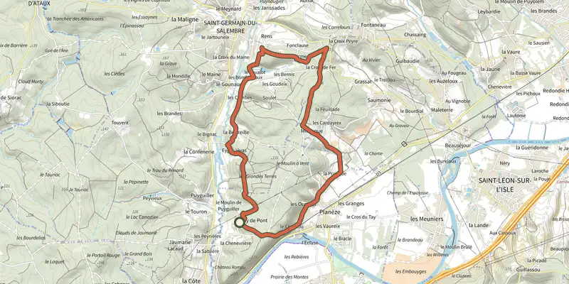 Carte du tracé de Boucle de la Mazille sur le Plan IGN, départ et points de passage numérotés