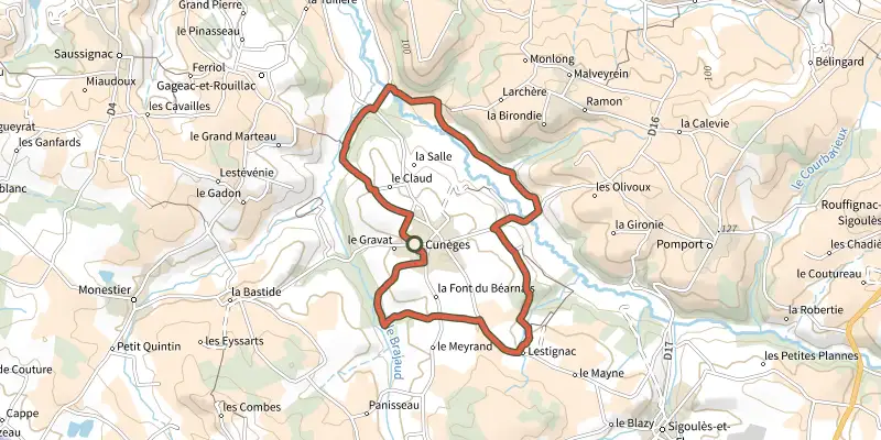 Carte du tracé de Boucle de Cunèges sur le Plan IGN, départ et points de passage numérotés