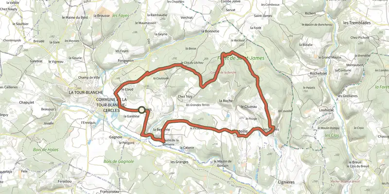Carte du tracé de Boucle de Cercles sur le Plan IGN, départ et points de passage numérotés