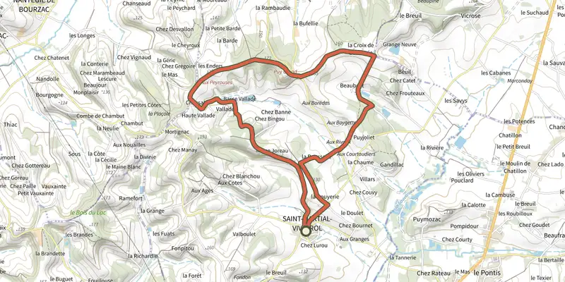 Map of the Boucle de St-Martial-Viveyrols track on the IGN map, with the start and numbered waypoints