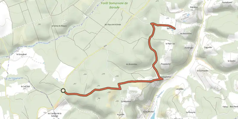 Map of the Variante Boucle à travers la Foret barade track on the IGN map, with the start and numbered waypoints