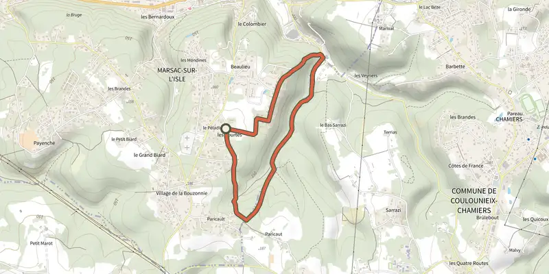 Carte du tracé de Boucle des courtes sur le Plan IGN, départ et points de passage numérotés
